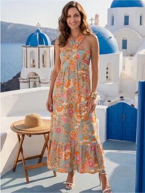 Grace Karin Mint Halter Maxi Dress with Pink & Orange Floral Pattern